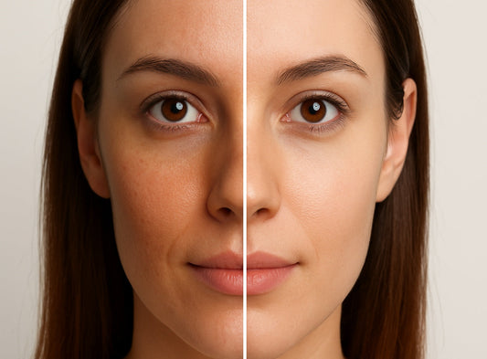 A woman shows her skin before and after treatment, highlighting the transformation from dull to radiant skin.
